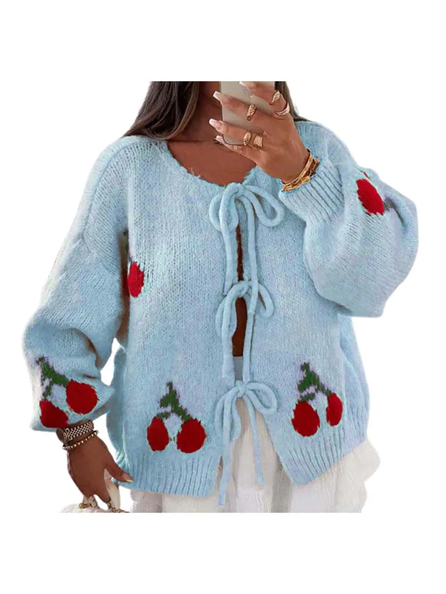 Women s Tie Front Knit Cardigan Cherry Pattern Long Sleeve Crew Neck Loose Sweater for Fall Winter