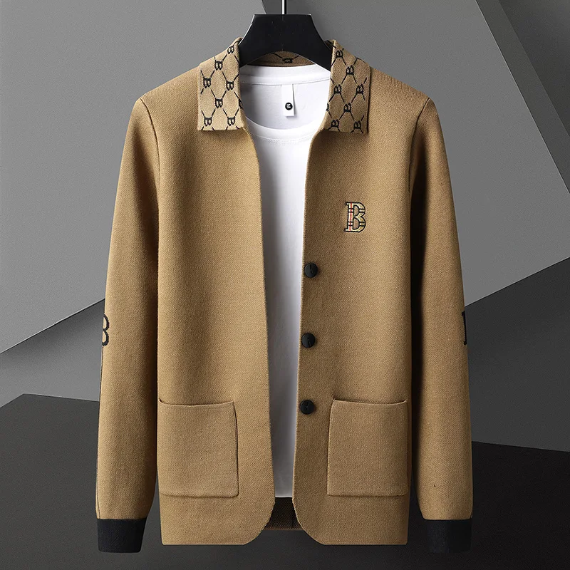 Luxury High Quality Designer New Spring and Autumn Men's Lapel Printed Business Casual Embroidery Cardigan Knitted Sweater Top