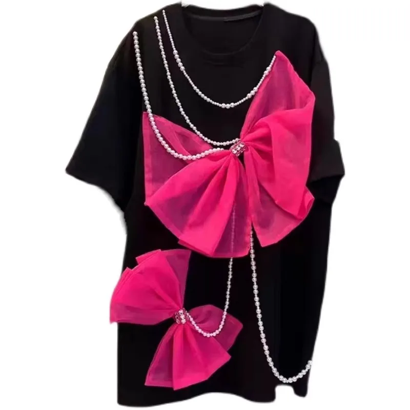 

3D Bowtie Pearls Beaded Chain Splicing T-shirt Women Loose Mesh Patchwork Fringed Tees Short Sleeved Medium Length Jumpers Tops