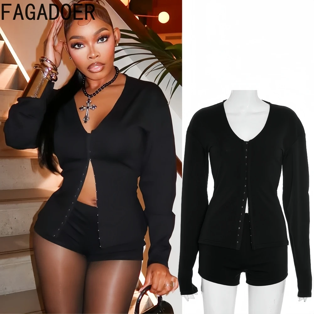 

FAGADOER Casual Two Piece Outfits Woman Solid Color Long Sleeve Cardigan Tops and Short Suits Female Streetwear Clothing New