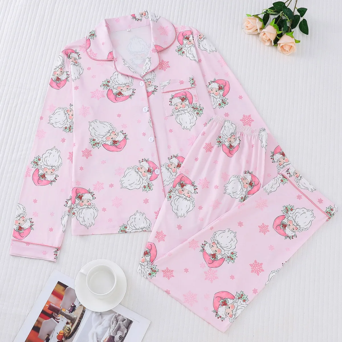 

Пижамный комплект Санта-Клауса для женщин, осенняя розовая ночная рубашка, топы с длинными рукавами, брюки, домашняя одежда, женская одежда для сна для рождественской вечеринки