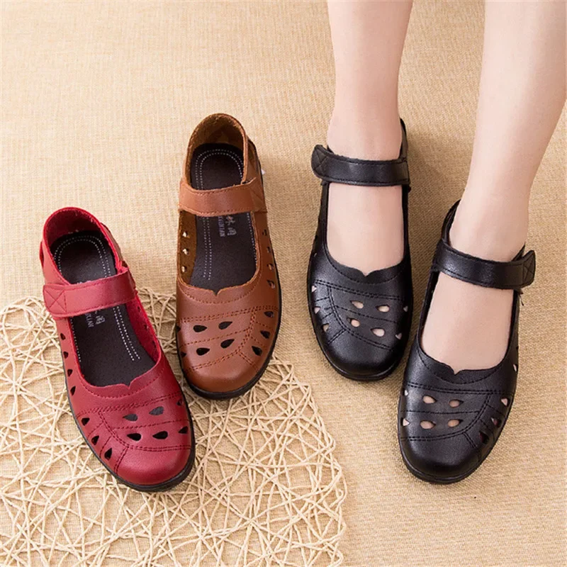 BEYARNE Summer Ballet flat shoes woman hollow leather Mary Jane casual shoes ladies genuine moccasins shoes woman Sapato