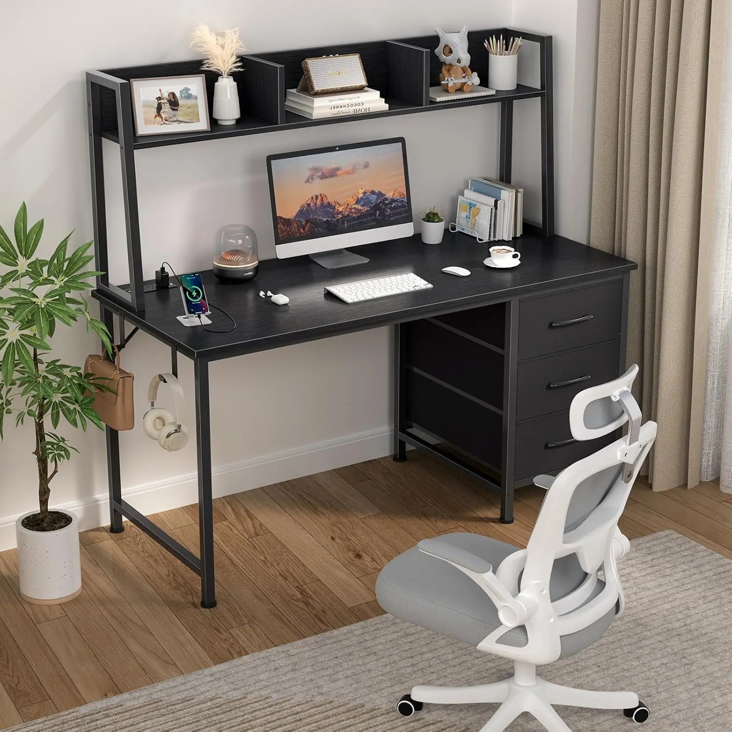 Black Computer Desk with Hutch & Drawers -Office Desk with 3 Storage Drawers and Power Outlets,47 Inch Modern Study Writing Desk