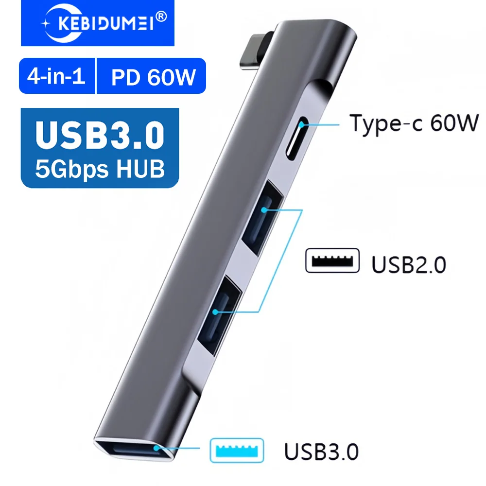 KEBIDUMEI 4 Port USB 3.0 Hub Type c to PD 60W USB 3.0 2.0 Hub OTG Adapter USB C Docking Station USB Splitter For Tablet Macbook