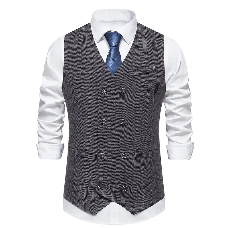 New Suit Vests Men Vintage Double Breasted Smart Casual Waistcoat Mens Sleeveless Formal Dress Wedding Slim V Neck Suit Vest