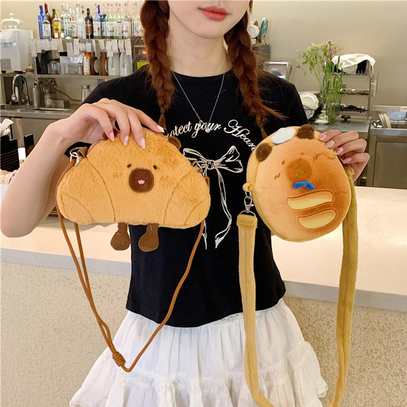 

New Bread Shape Messenger Bag Women Plush Shoulder Bag Cute Embroidery Portable Zippered Small Purses Bag Portable Phone Bag