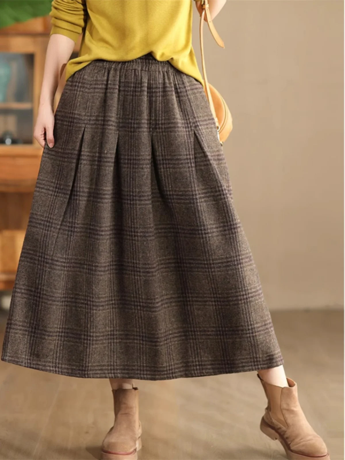 

Повседневная шерстяная клетчатая юбка, женская винтажная плиссированная эластичная длинная юбка трапециевидной формы, художественная юбка, зимний сезон