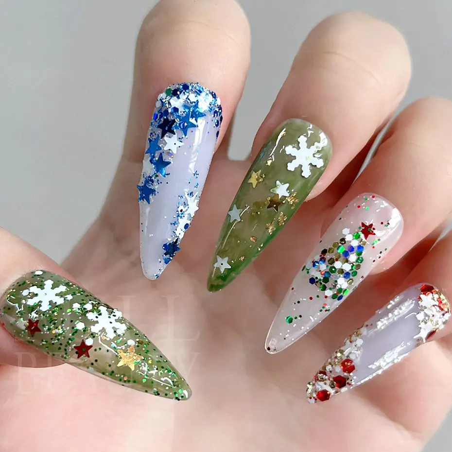 Merry Christmas Flakes Nails Art Glitter Green Red Xmas Sequins White Snowflakes Stars Paillette Winter Manicure Decoration #SDF