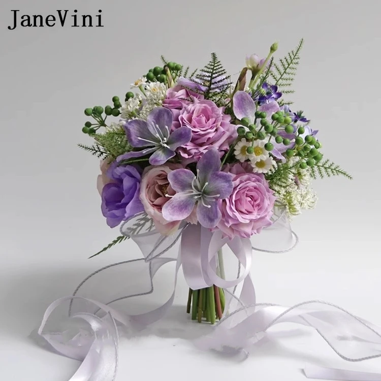 JaneVini 2025 Newest Purple Bride Flowers Bouquet French Artificial Rose Silk Flower Bridal Wedding Bouquets Slub Ramos Novia