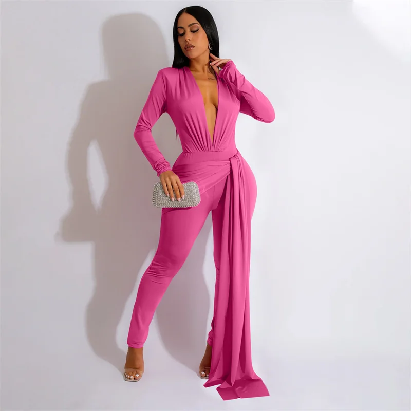 Sexy Dressy Elegant Jumpsuit Woman Long Sleeve Deep V-neck Ruched Evening Romper Women Jumpsuits with Ribbon Combinaison Femme