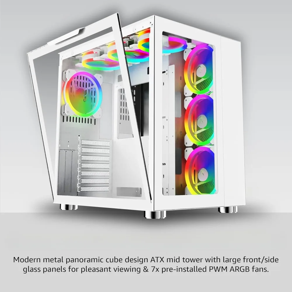 ATX PC Case, 7X 120mm PWM ARGB Fans, 366 RGB Modes, Dual Tempered Glass Panels, 360mm Radiator Support, 2X USB3.0, 2X USB 2.0