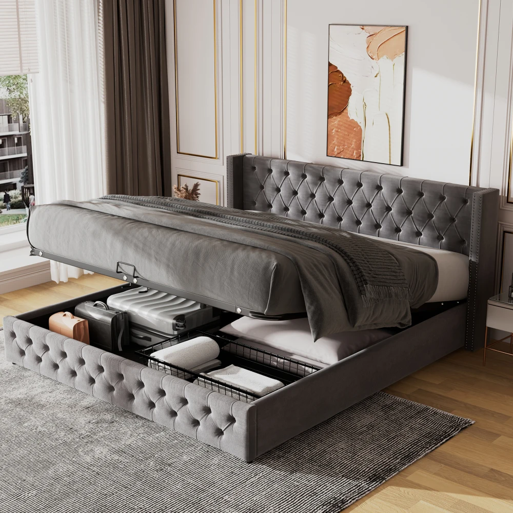 Gepolstertes Doppelbett aus schwarzem Samtflanell mit Nietenknopf und hydraulischem Stauraum (ohne Matratze), 160 x 200 cm oder 180 x 200 cm – Detail 29
