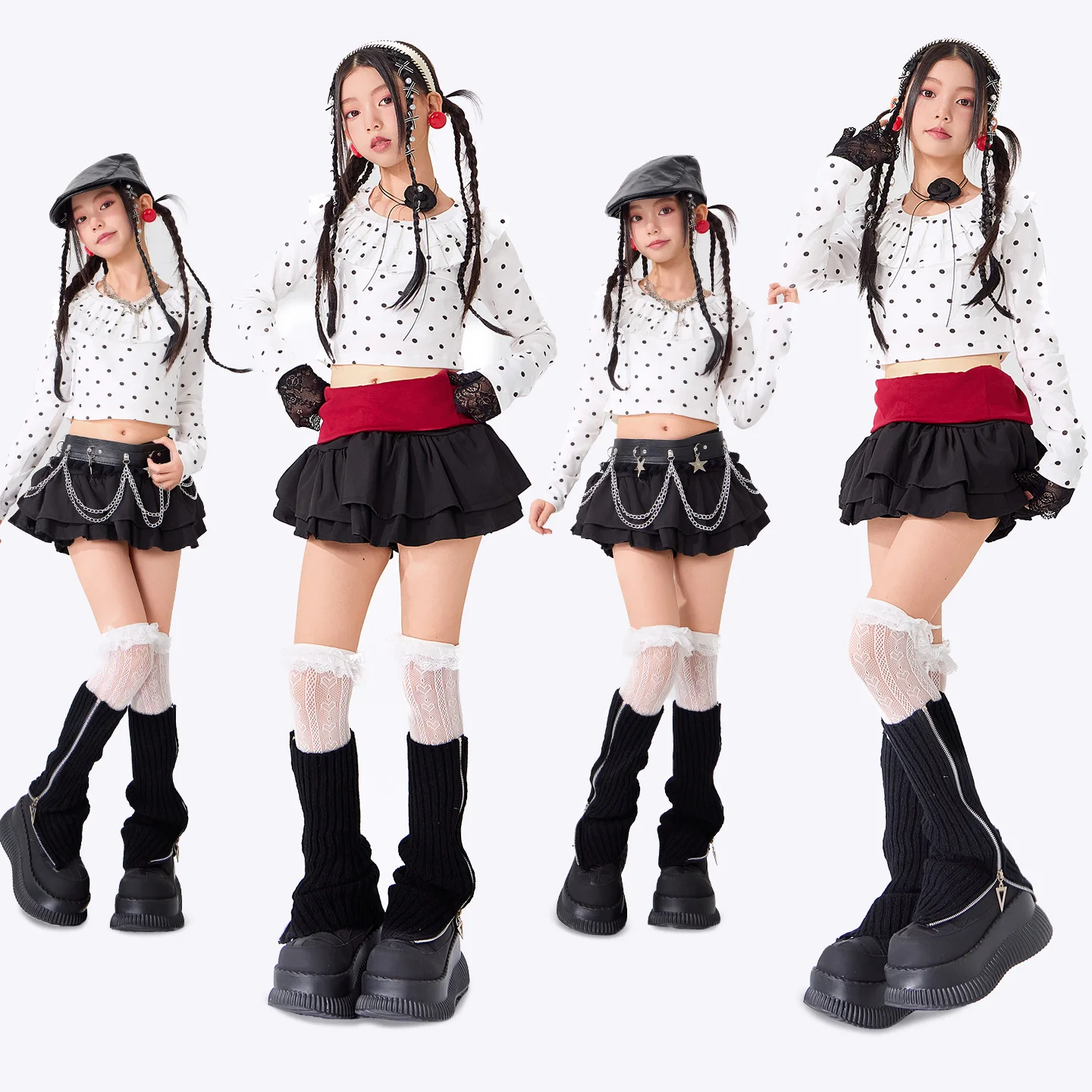 Girls K-pop Fashion Polka Dot Crop Top Goth Skirts Kids Hip Hop Jazz Clothes Sets Children Girl Group Street Dance Costumes