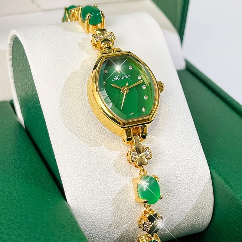 Women\'s Luxury Watch Exquisite Inlaid Green Jade Lady Quartz Watch Fashion 3 Bar Waterproof Dial Chain Strap Relojes Para Mujer