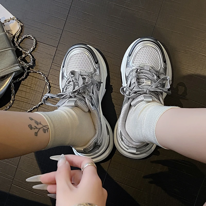 

7CM Chunky Sneakers Women 2026 Spring New Mesh Leather Platform Shoes Mixed Colors Lace-Up Ladies Trainers Student Shoes