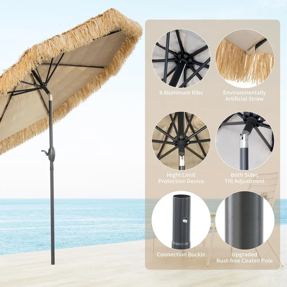 8FT Tiki Paraplu Outdoor Patio, Thatch paraplu, Tijd Tiki Paraplu Hawaiiaanse Stijl Strandparaplu