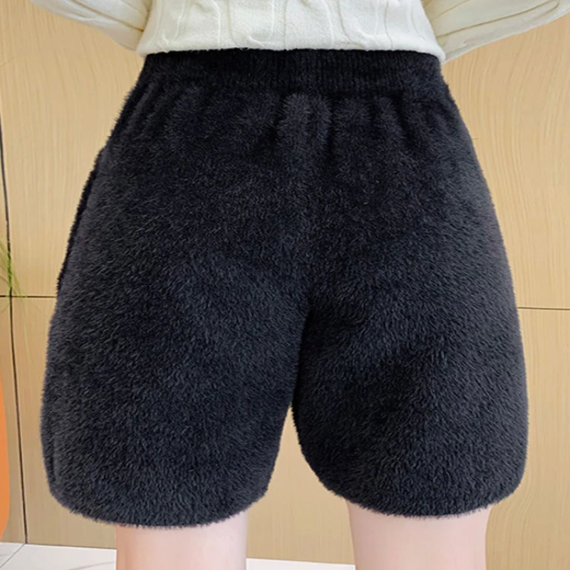 기질 패션 가을 겨울 새로운 모직 여성 솔리드 탄성 높은 허리 주머니 Drawstring 세련된 느슨한 a 라인 와이드 레그 반바지