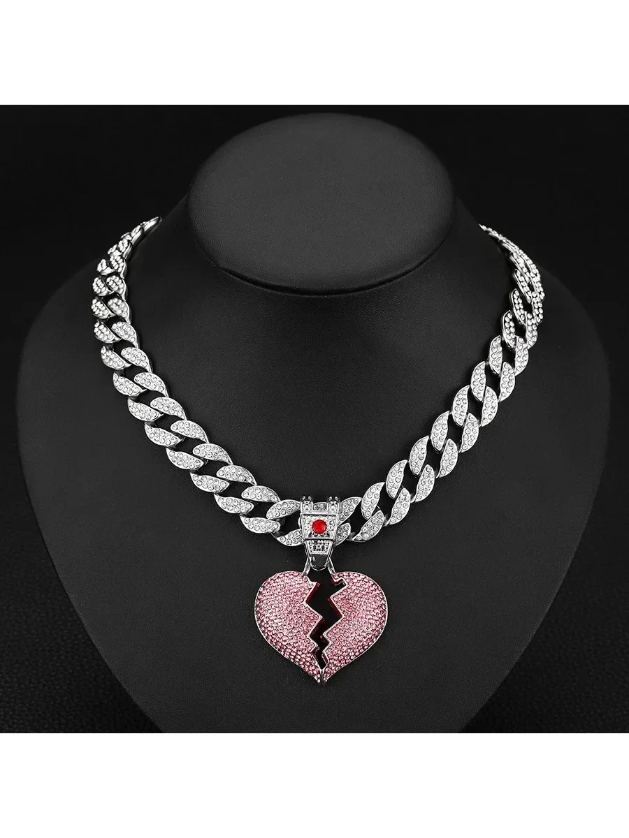 Full Diamond Pink Broken Heart Oil Pendant Necklace Fashion Love Necklace Jewelry Unisex