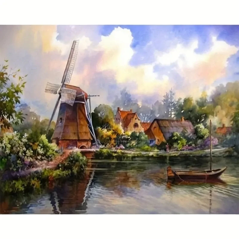 

DIY Diamond Painting Lake Windmill House Landscape Painting Artificial Diamond Embroidery All Water Diamond Mosaic Art Painting