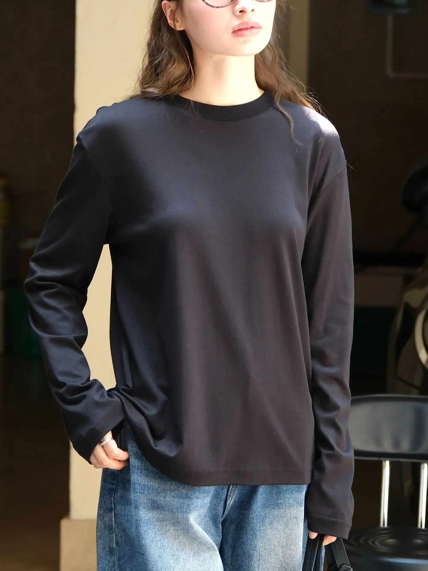 Spring and Autumn Women's Casual Solid Color Round Neck Long Sleeve Loose T-shirt