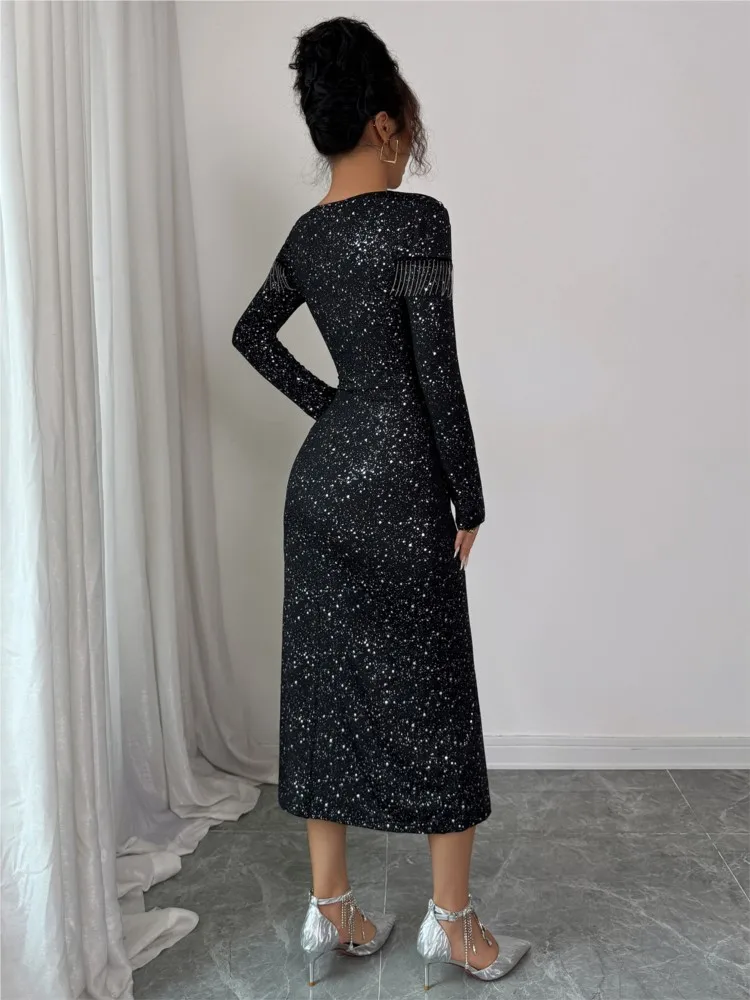 새로운 가을 겨울 우아한 스팽글 라운드넥 긴팔 슬림 여성 블랙 드레스, 파티 클럽 이브닝 여성 바디콘 미디 드레스