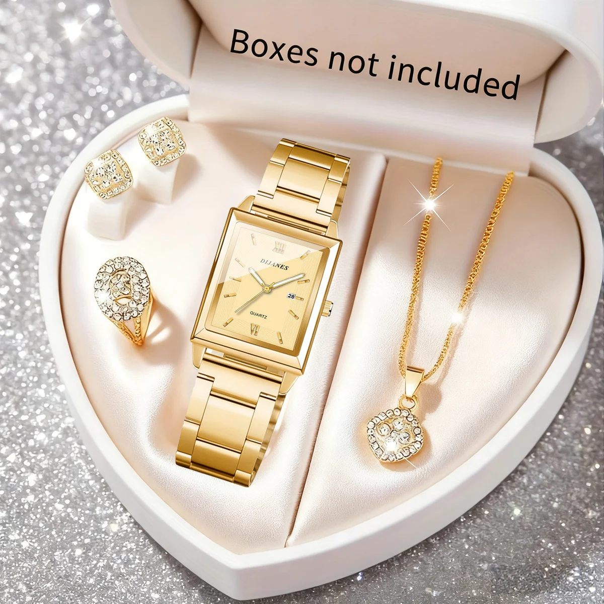 Fashion square Women's Watches 5pcs Set Luxury Women's Quartz Watch & Jewelry set Ladies necklaces, rings, earrings