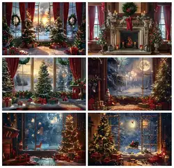 Christmas Photography Backdrop Xmas Tree Fireplace Winter Window Gift Santa Claus Child Birthday Portrait Photo Background Decor