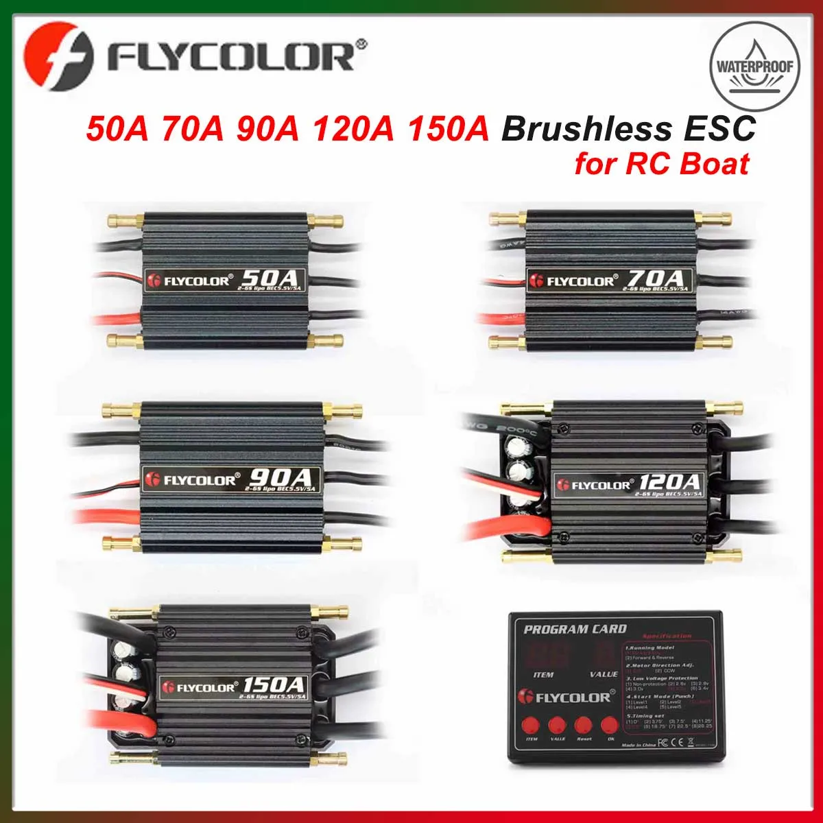 

Flycolor 50A 70A 90A 120A 150A бесщеточный ESC водонепроницаемый контроллер скорости игровая карта 2-6S Lipo BEC 5,5 В/5 А для радиоуправляемой лодки