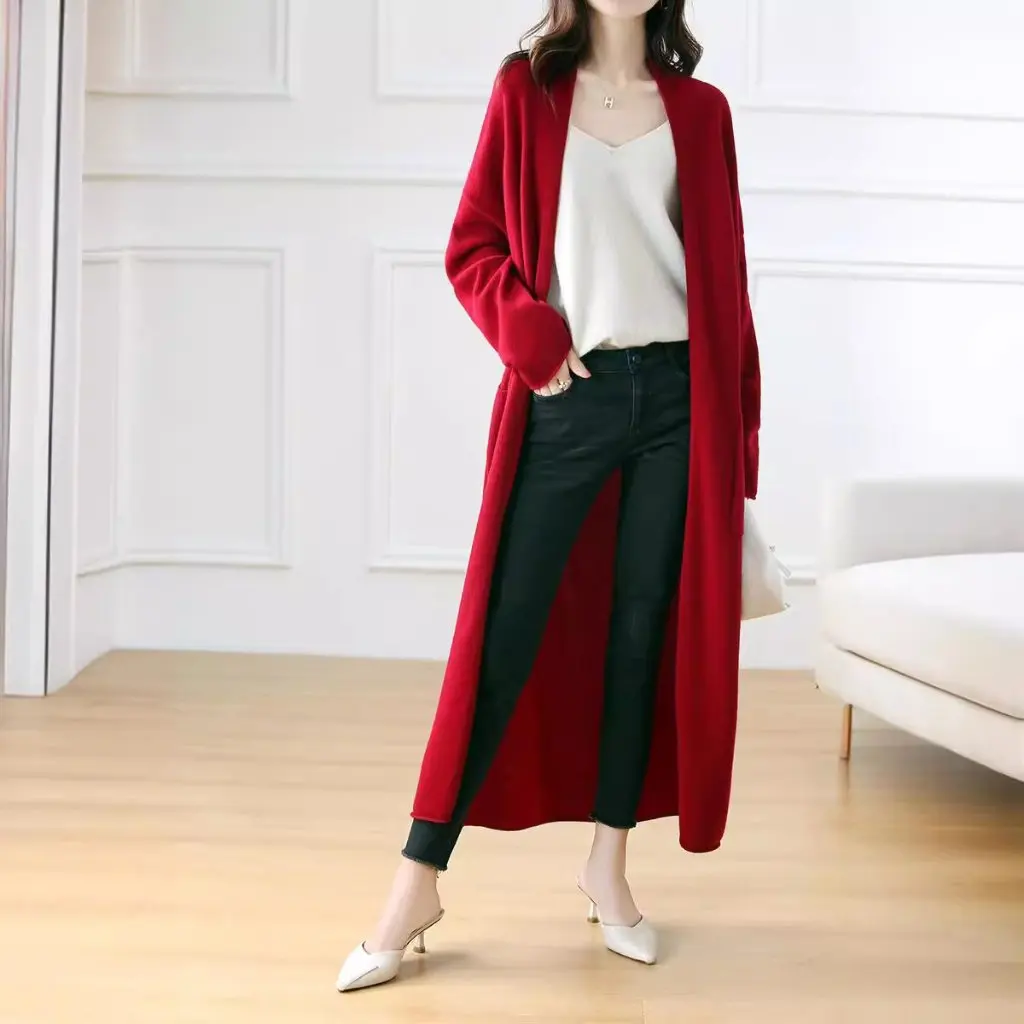 

Женский вязаный кардиган из 100% шерсти, длинный свободный осенне-зимний свитер выше колена, куртка с заниженной спинкой