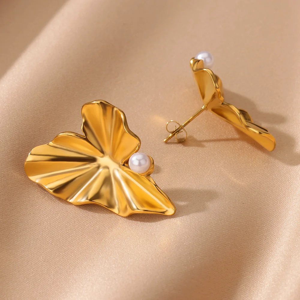 Stainless Steel Irregular Pearl Earrings For Women Gold Color Vintage Leaf Geometric Earring 2024 New Party Wedding Jewelry Gift