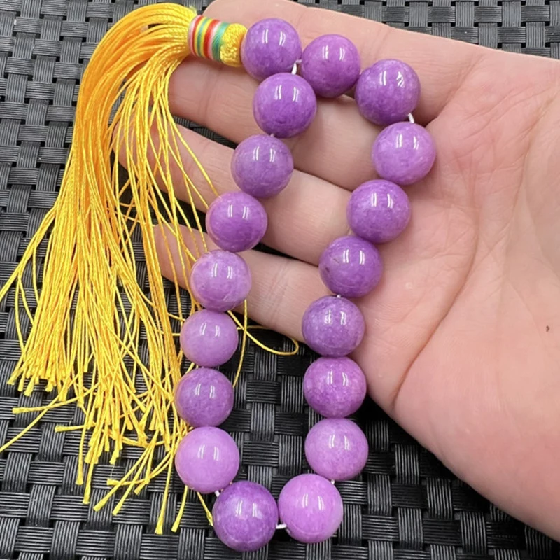 

Violet Round Bead Buddhist Bracelet Quartzite Jade 14mm 18 Beads with Tassels