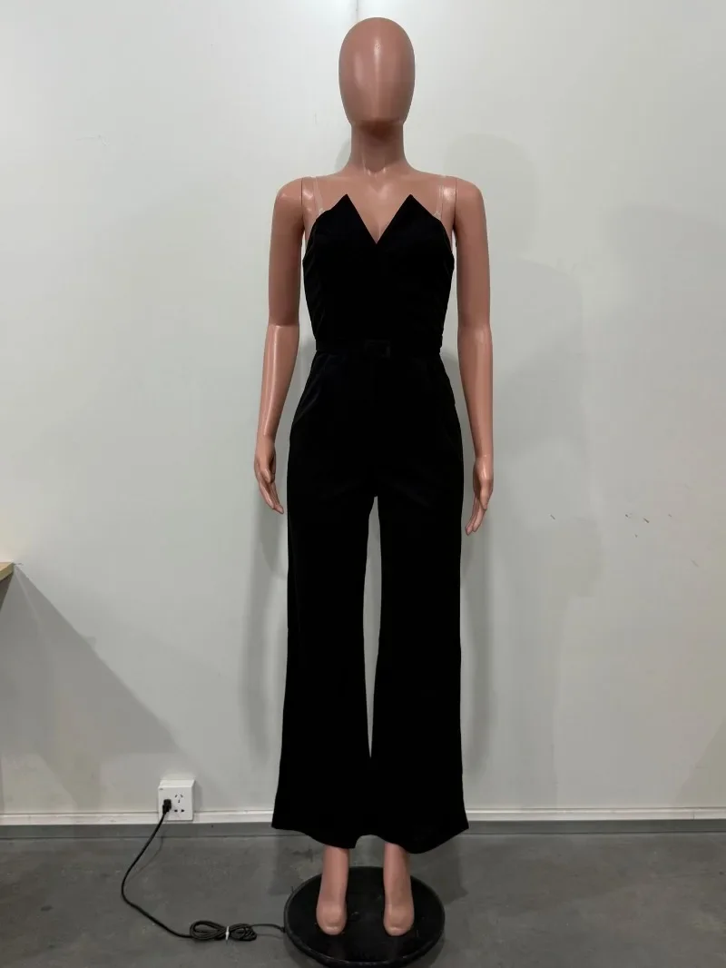 Monos elegantes con corte en V para mujer, chaqueta sin tirantes con cinturón, pantalones de pierna ancha sin espalda, monos de una pieza para fiesta, peleles de oficina para mujer