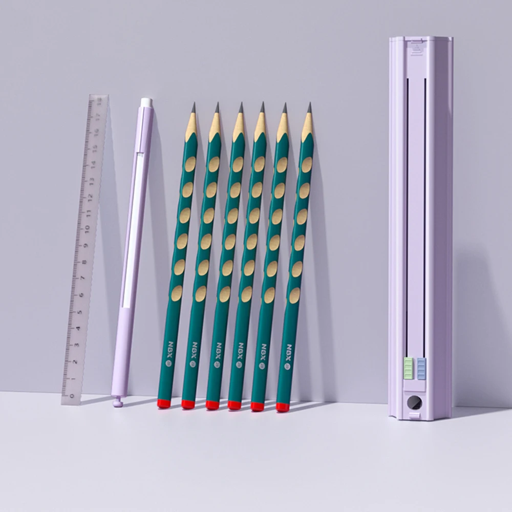 Cute Pencil Box Hexagonal with 6 Pencils Standing Pen Holder Multi-Function Push-Pull Stationery Box Set