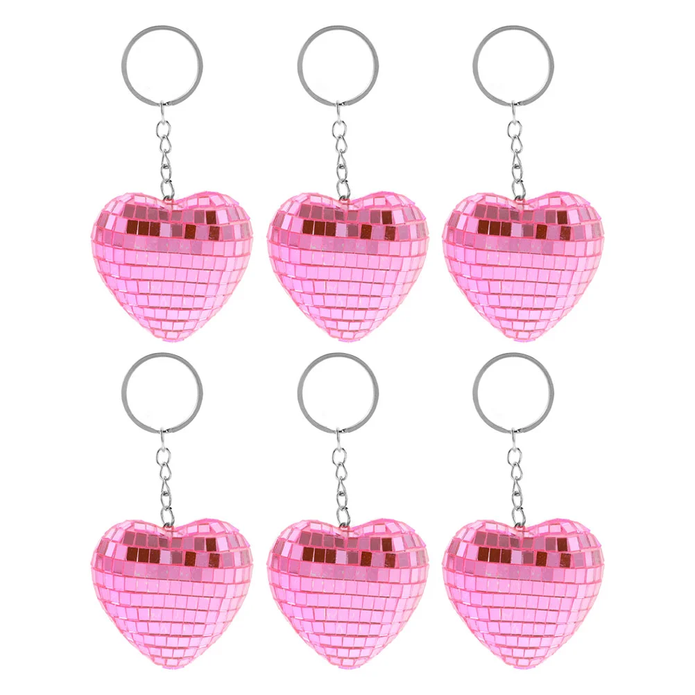 

6 Pcs Disco Keychain Mini Ornaments Heart Balls Reflective Mirror Keychains Pink Party Decorations