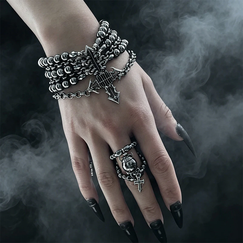 Unisex Copper Jewelry Accessories Gothic Punk Cross Stack Bracelet For Men Women Multi Layered Chain Beaded Wristband Edgy State
