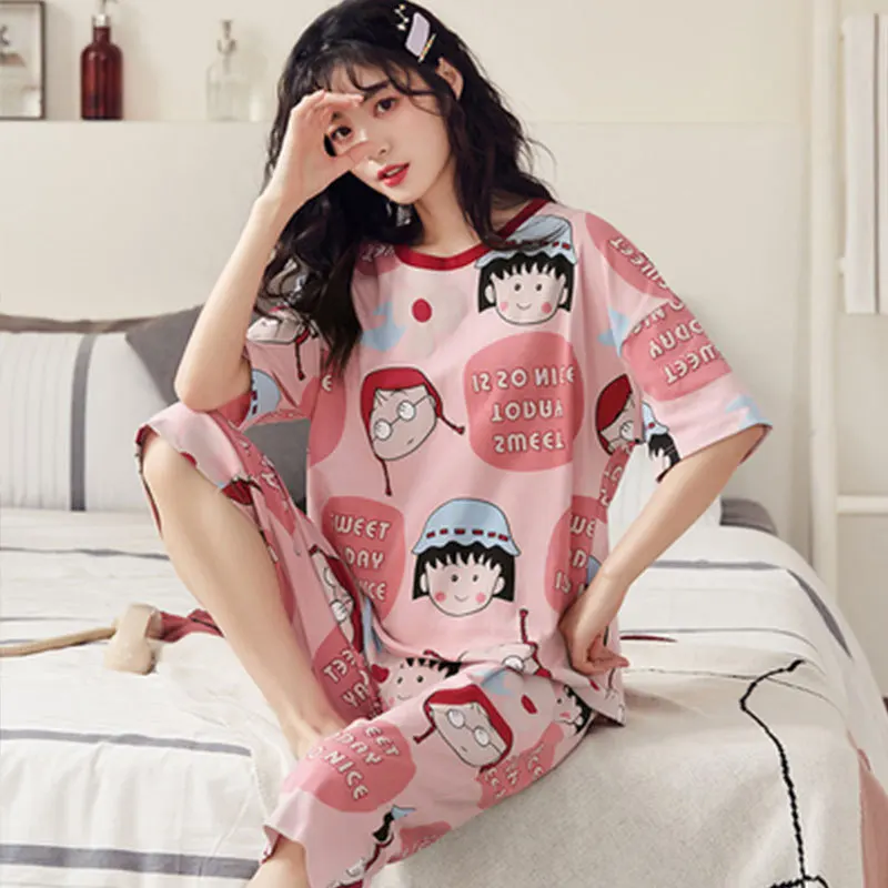 Anime Cartoon Chibi Maruko-Chan Women\'s Pajamas Summer New Cute Short Sleeve Round Neck Thin Sweet Girly Home Clothes Set Gift