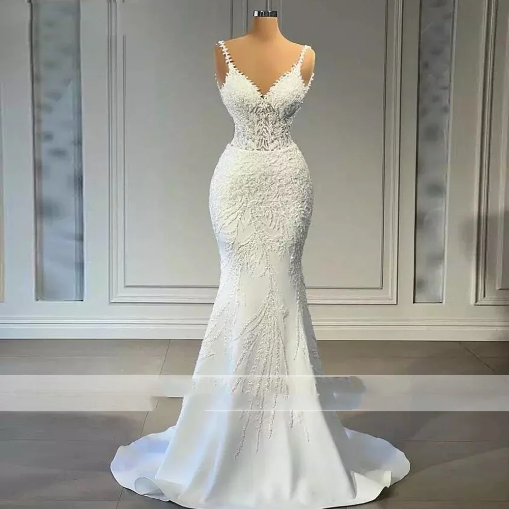 Flavinke Customized V Neck Mermaid Lace Wedding Dresses 2025 Sleeveless Illusion Beaded Satin Bridal Gowns with Detachable Train