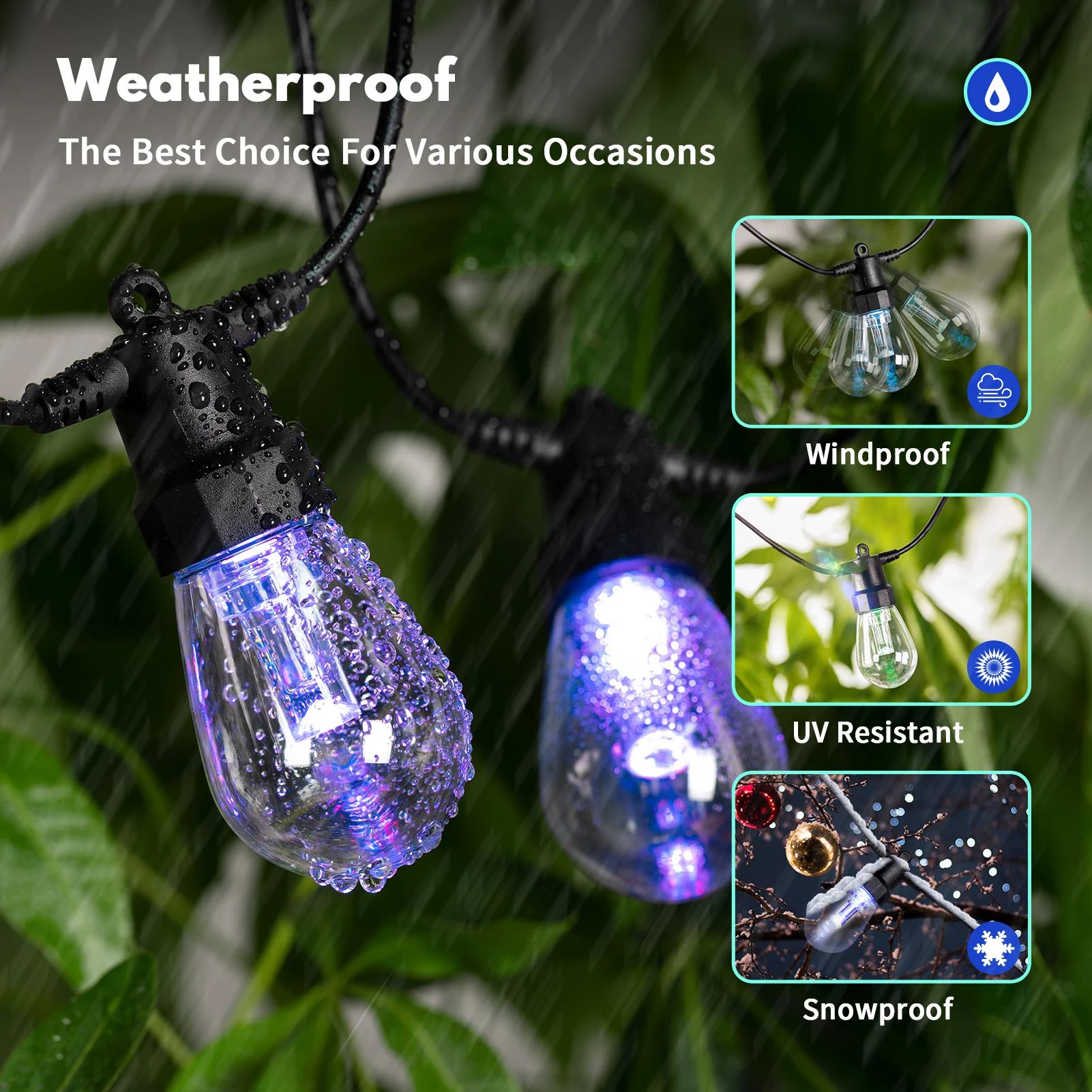 50ft Outdoor String Lights,  LED (Light Emitting Diode) Lighting Fixtures, IP65 Waterproof,