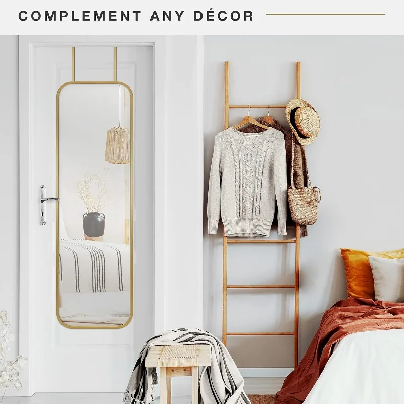 17x55 Brass Metal Over The Door Mirror With Rounded Corners, Full Length Hanging Mirror for Bedroom and Bathroom