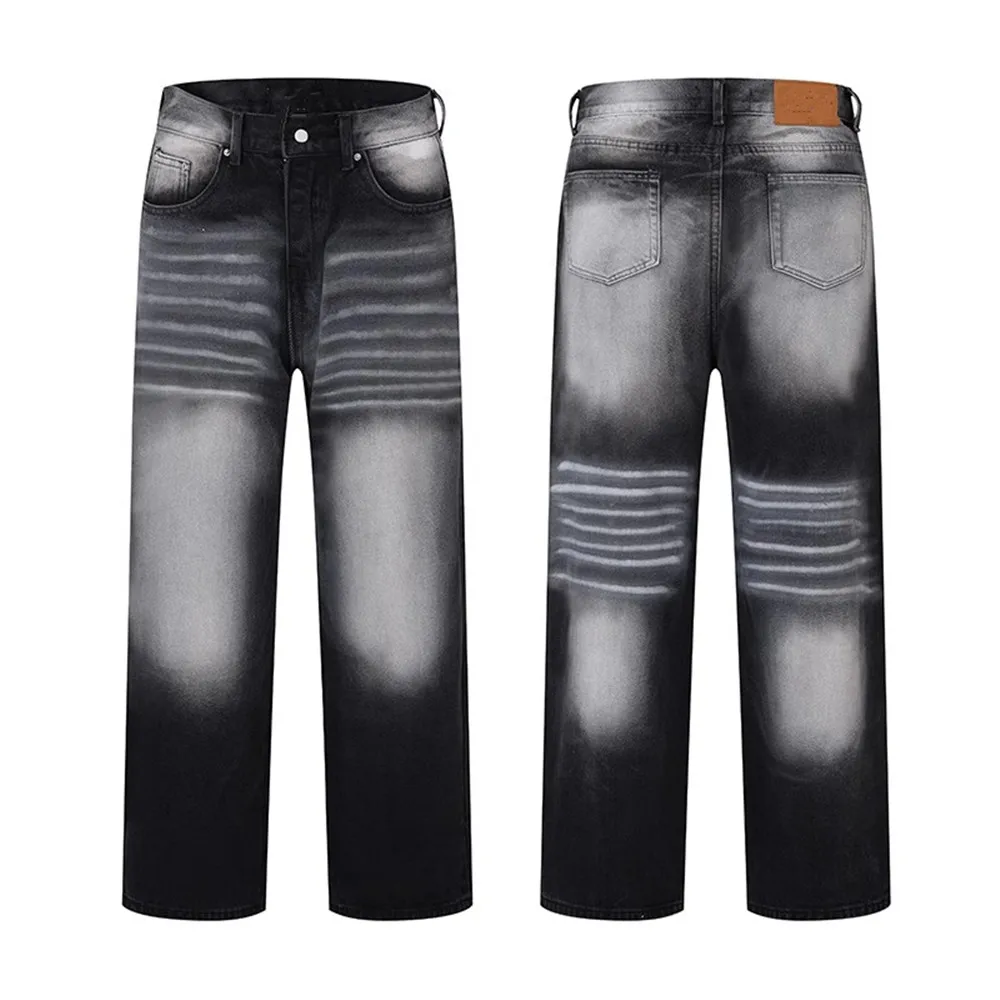 

Layered Washed Cat Whiskers Hot Girl Jeans Women Retro black Cotton Streetwear Casual Trousers Women Y2k Wide Leg Baggy Pants