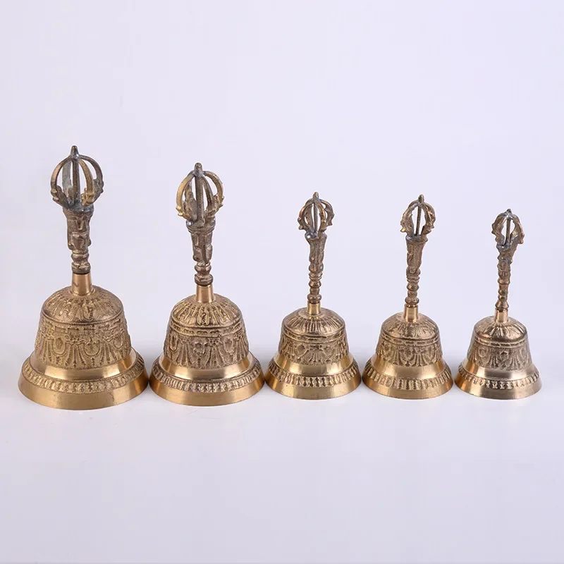 FengShui Loud Call Meditation Hand Bell Lucky Dinner Prayer Alarm Portable Desktop Tea Tibetan Buddhist Service Handmade Brass