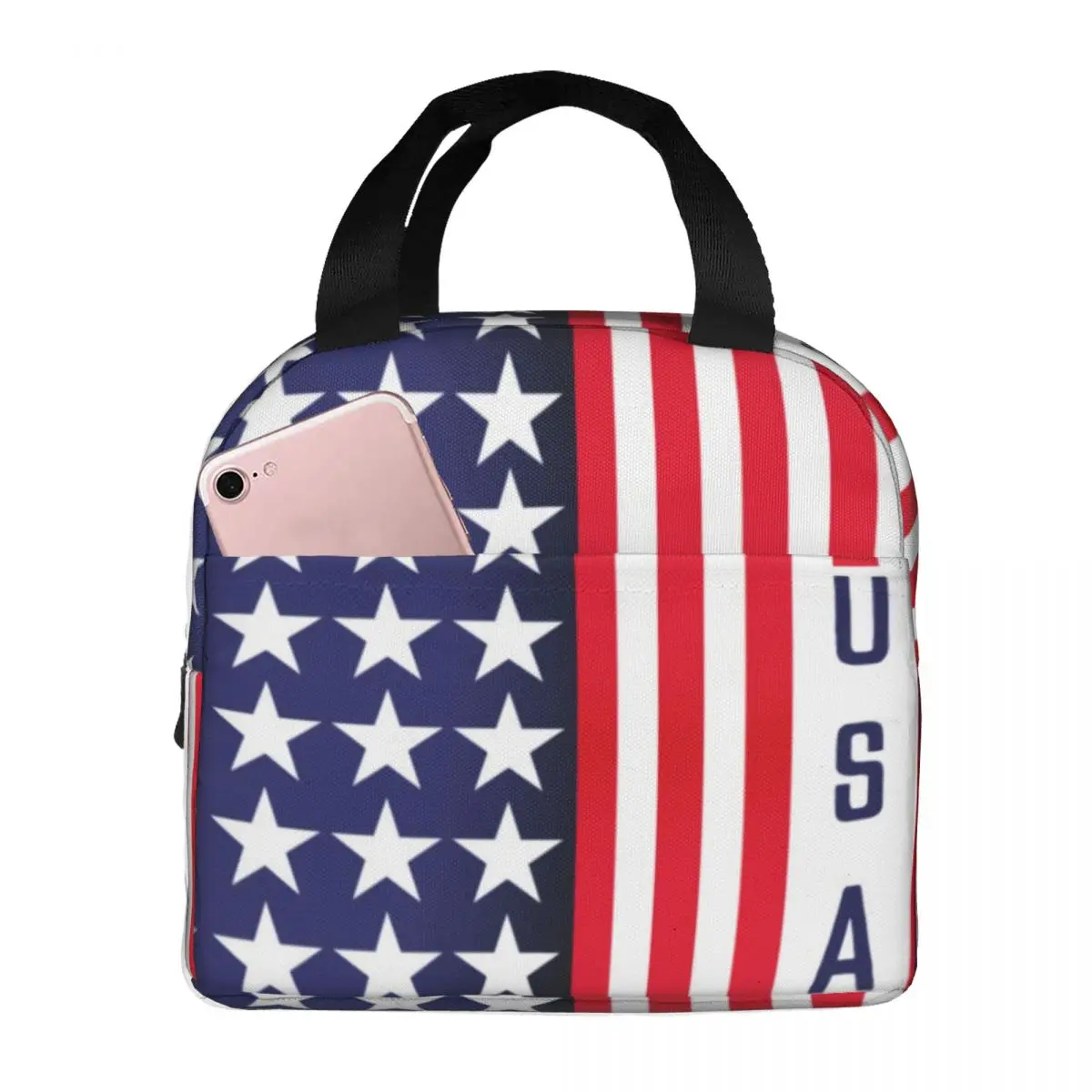 USA American Flag Lunch Bag with Handle Patriotic Modern Stars Stripes Reusable Cooler Bag Carry Picnic Meal Thermal Bag