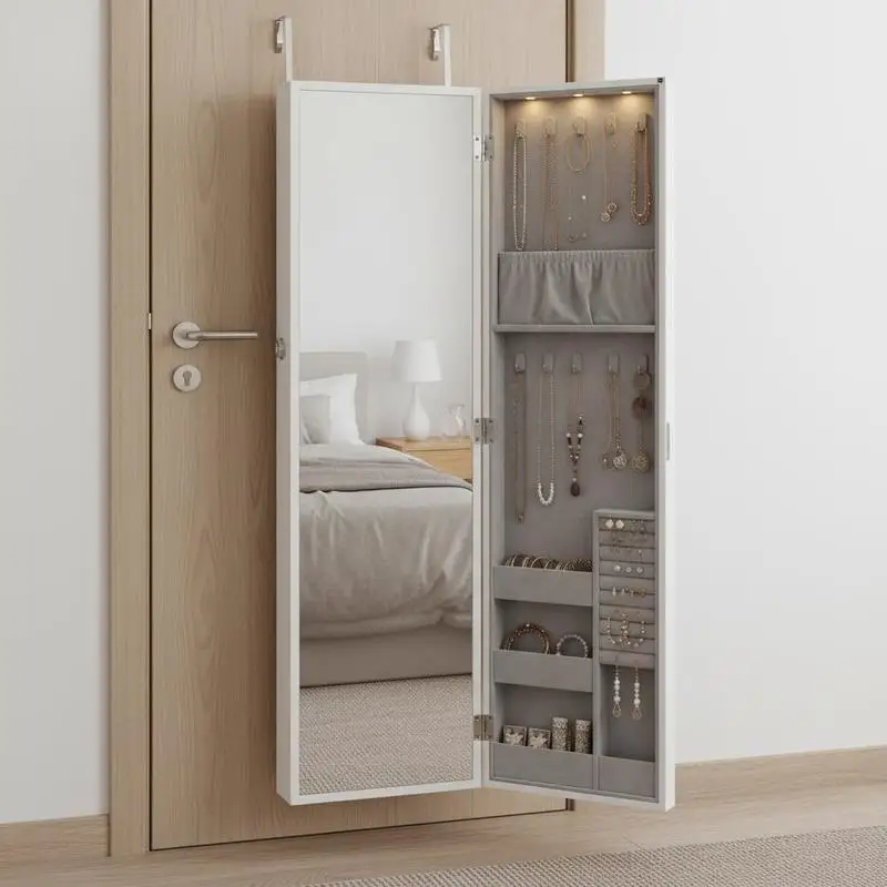 

Jewelry Storage Armoire 47.05-Inch For Bedroom Dressing Room Cloakroom LED Interior Lights Velvet Lining Wall Door Mounted White Mirror Organizer Lockable Large Capacity Multiple Compartments