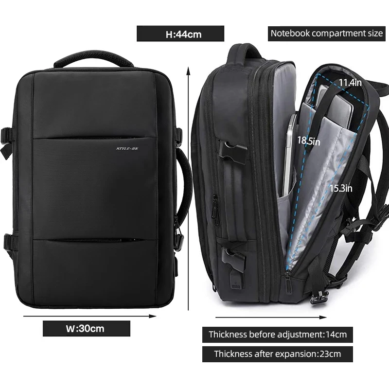 HK Travel Backpack Men Business Backpack Expandable School Bag Large Capacity 15.6