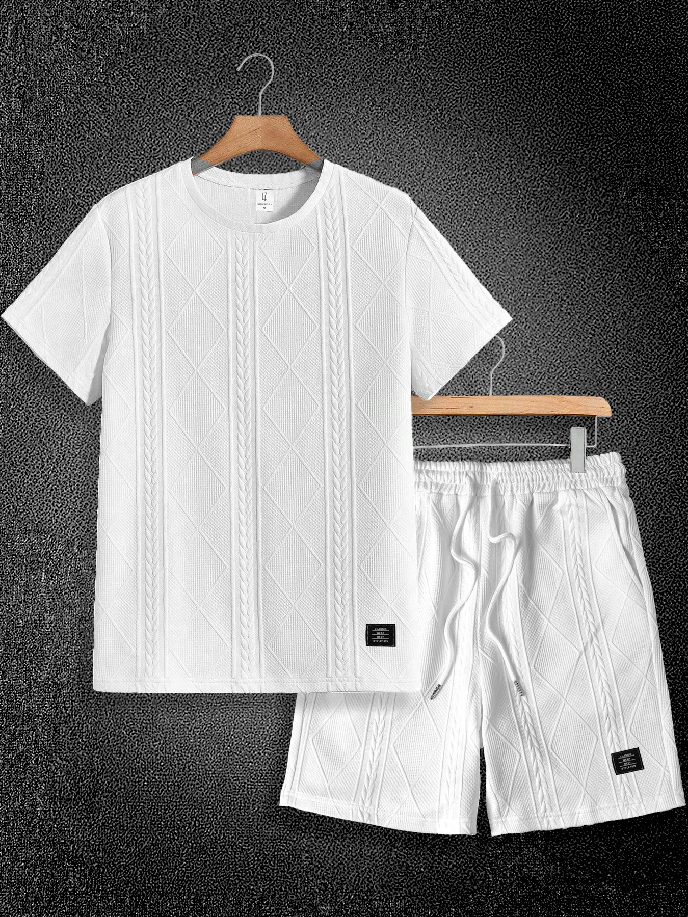

Men's Textured Diamond Jacquard Set | White Henley Collar Tee & Shorts Summer Outfit