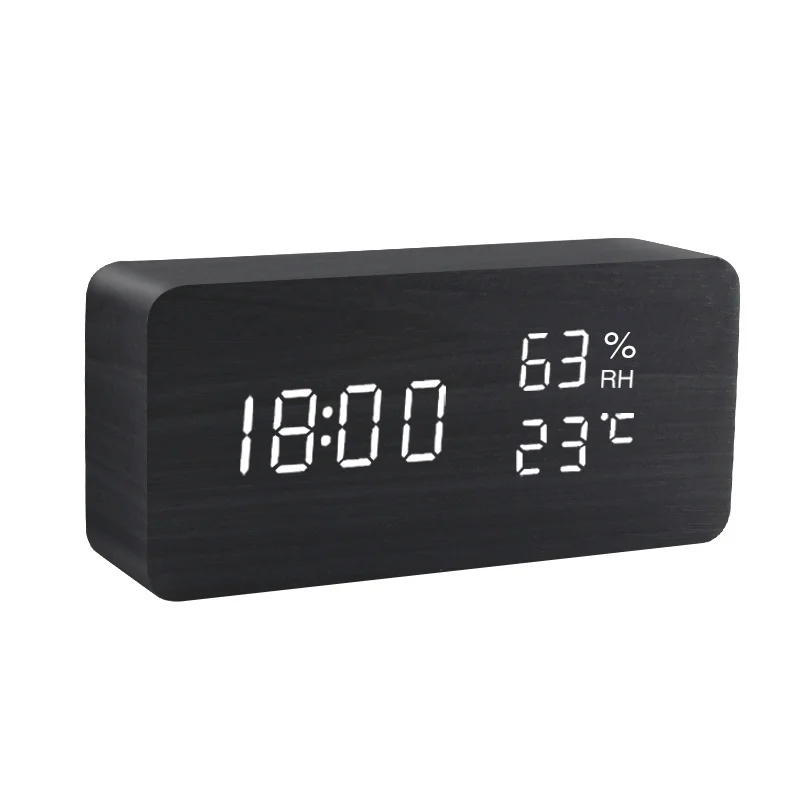 

Alarm Clock LED Digital Wooden USB/AAA Powered Table Watch With Temperature Humidity Voice Control Snooze Electronic Desk Clocks