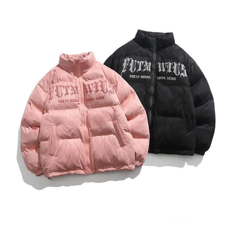 Imagem -02 - Cabolsa Monocromático de Camurça Inverno Acolchoado Masculino e Feminino Jaqueta de Algodão com Gola Parada Estampa Carta Hip Hop Y2k Outerwear Espesso Quente Harajuku