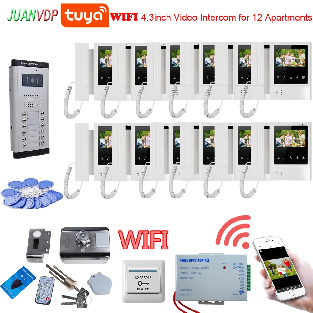 

RFID Access Control Door Lock Video Intercom for Home Apartment 6/8/10/12 Security Doorbell Wifi Tuya 4.3 Inch Monitor Home Kit