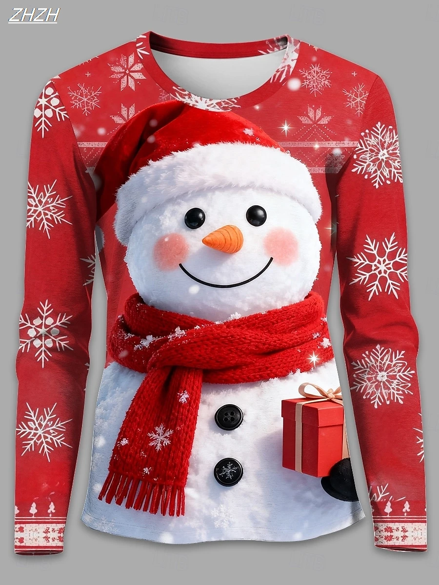 

2025 Women's Christmas Snowman Long Sleeve, Festive Snowflake Print Tops, Holiday Party Wear, Winter Seasonal Style