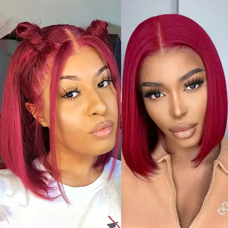 

13x4 99J Burgundy Bob Straight Short Wigs 200%Density Transparent Lace Human Hair Wig 14Inch Pre Plucked Human Hair 100%